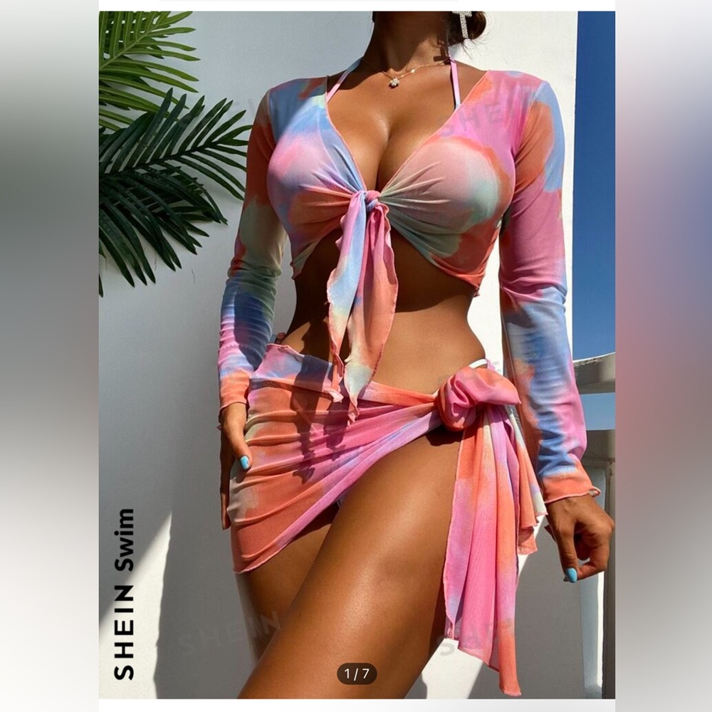 4 pcs tie dye halter triangle bikini swimsuit & cover up